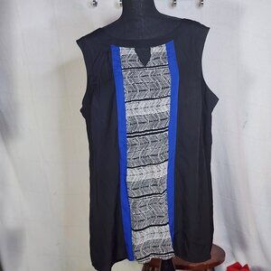 Coldwater Creek Black White Blue Slevless V Notch Native Print Poly Top Sz 1X 18